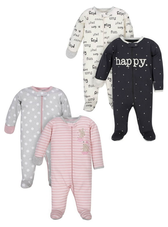 Wonder Nation Unisex Baby Zip Front Sleep ‘N Play Pajamas, 4-Pack, Sizes NB-9m
