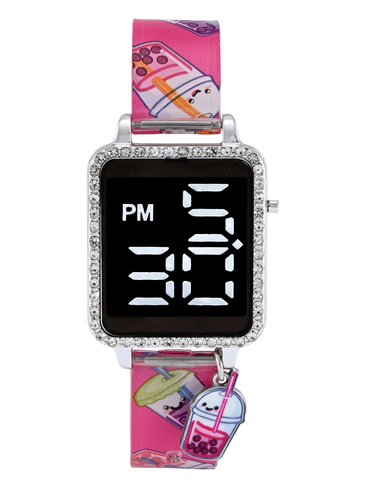 Wonder Nation Girls Pink Printed Silicone Strap with Square LED Digital Dial;WN5293WM