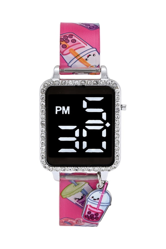 Girls Pink Printed Silicone Strap with Square LED Digital Dial;WN5293WM
