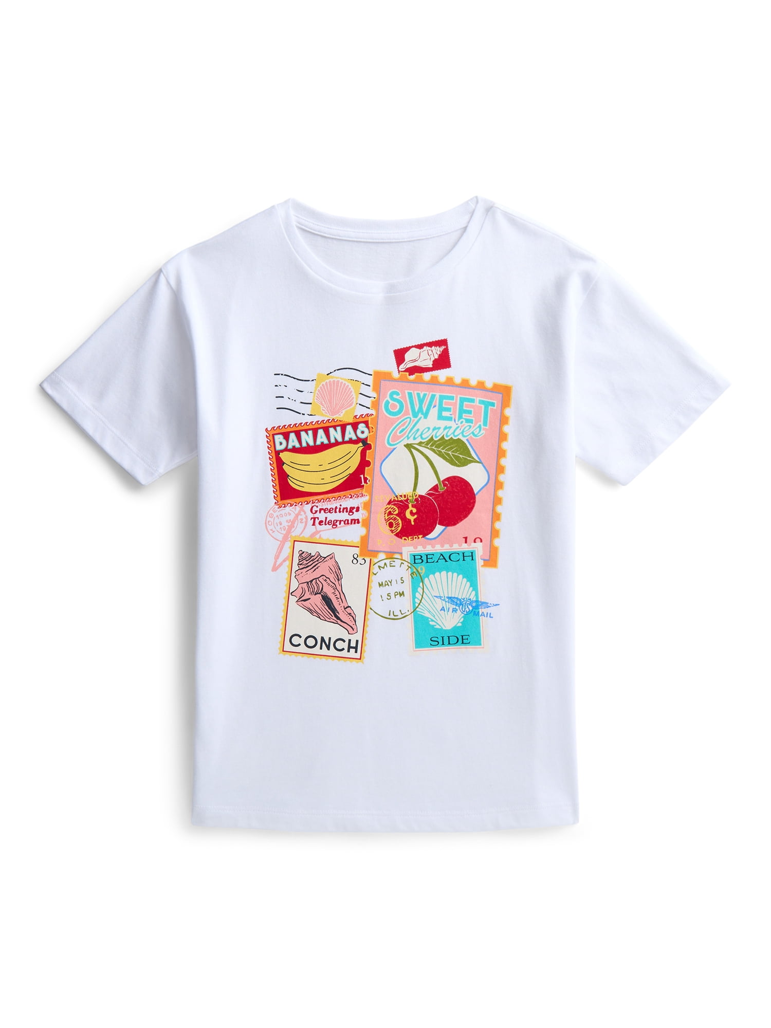 Wonder Nation Girls Vintage Stamps Graphic Tee with Short Sleeves, Sizes 4-18
