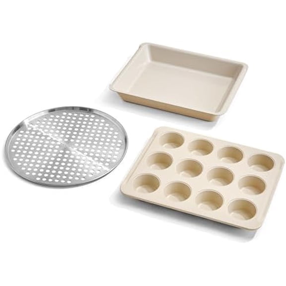 Wonder Oven Pro Chefs Kit with Roasting Pan, 12-Cup Muffin Pan, and Perforated Pizza Pan | Non-Toxic, Nonstick Bakeware Set, Oven Safe up to 450F | Cream$$Home Decor, Kitchen, & Other