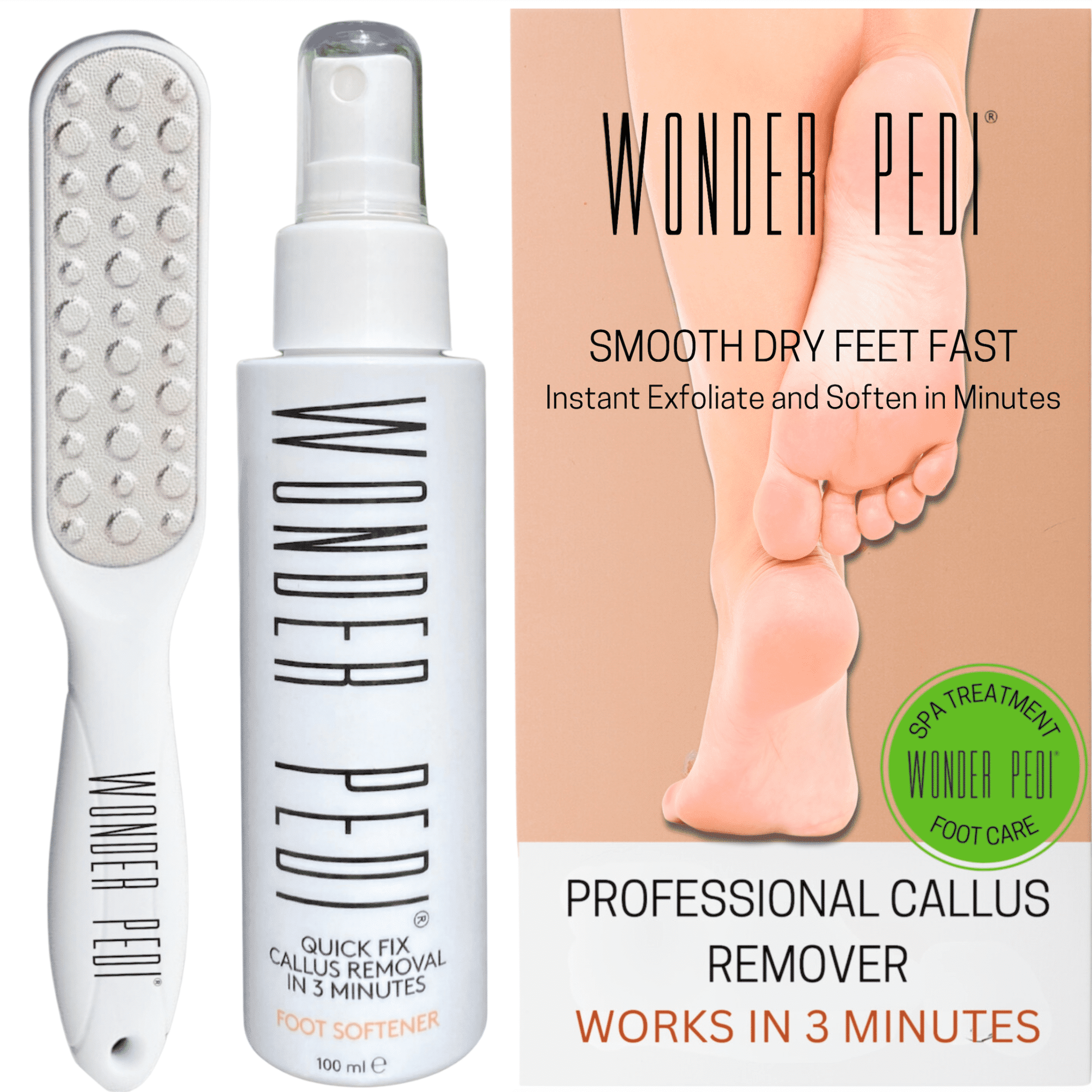 Callus Remover - Three Minutes Quick Fix- Foot File Rasp - Instant Foot Exfoliating Softener Peel Spray, Heels Callus Scrubber File - Home Spa Pedicure Treatment. Wonder Pedi
