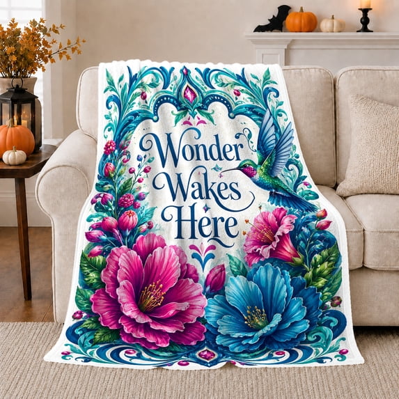 Wonder Wakes Here Botanical Floral Print Hummingbird Art, Festive Botanical Garden Scene, Warm Flannel Blanket for Sunroom and Reading Nook, Garden Lovers Housewarming Gift, Botanical Home Decor