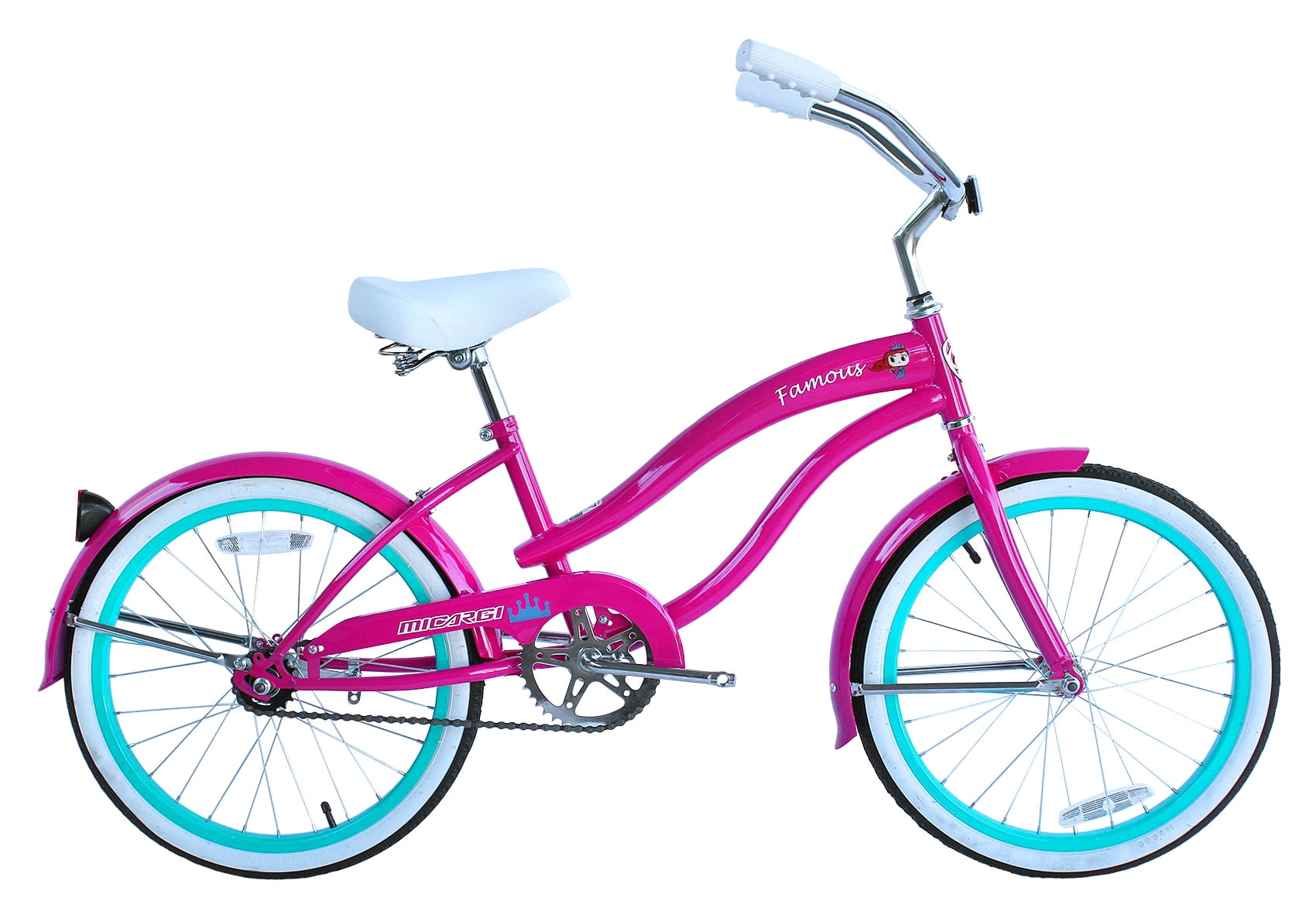 Wonder Wheels 20" Beach Cruiser, Steel Frame, Coaster Brake, Pink, Alloy Rims Green, One Piece Crank