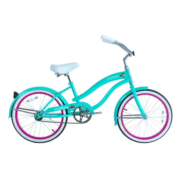 Wonder Wheels 20" Beach Cruiser Steel Frame Tiffany Blue, Coaster Brake, Alloy Rims Pink 36H, Stainless Steel Spokes, One Piece Crank, Tire White Wall, Seat & Grip White, Fender - Blue & Pink