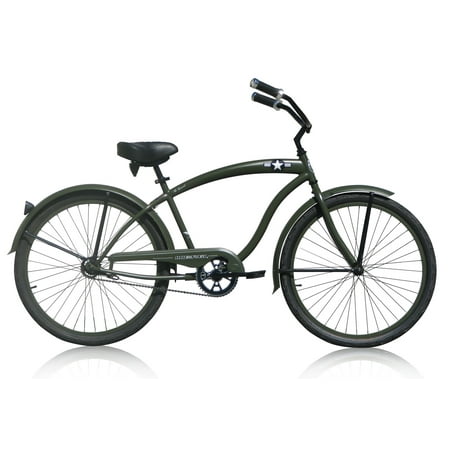 Wonder Wheels 26" Beach Cruiser Coaster Brake Single Speed Bicycle, Bike, Black Spokes One Piece Crank Alloy Matte Army Green Rims 36H W/ Fenders - Matte Army Green
