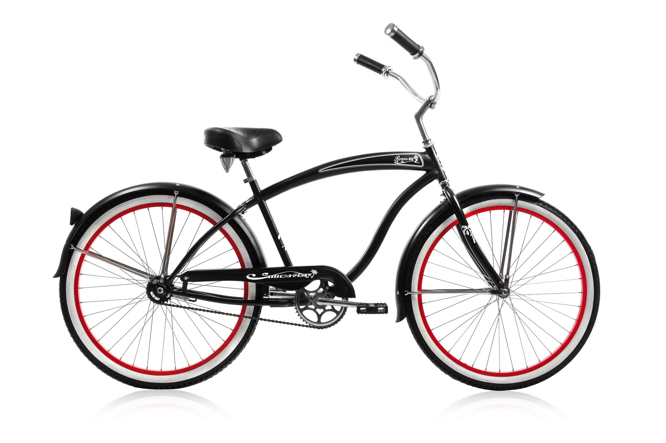 Wonder Wheels 26 In. Beach Cruiser Coaster Brake Single Speed Bicycle, Bike, Stainless Steel Spokes One Piece Crank Alloy Red Rims 36 H White Wall Tire With Fenders - Black/Red Rim