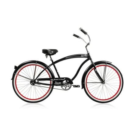 Wonder Wheels 26 In. Beach Cruiser Coaster Brake Single Speed Bicycle, Bike, Stainless Steel Spokes One Piece Crank Alloy Red Rims 36 H White Wall Tire With Fenders - Black/Red Rim