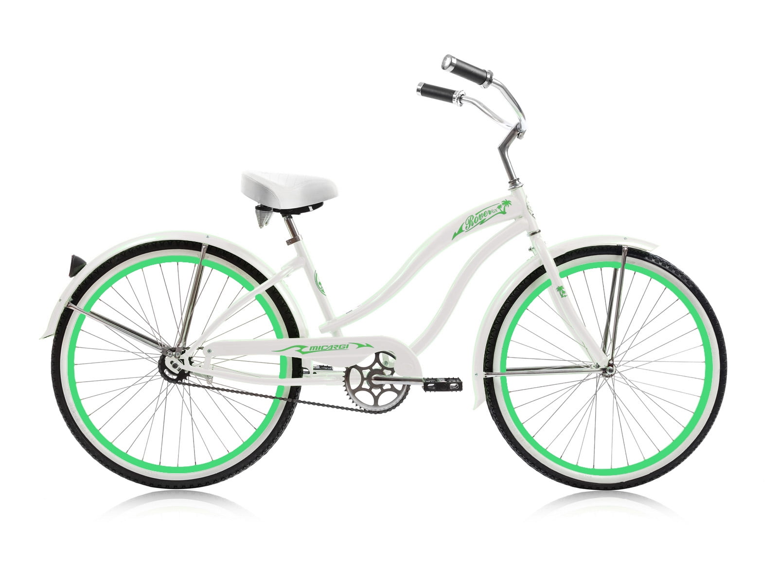 Wonder Wheels 26 In. Beach Cruiser Coaster Brake Single Speed Bicycle, Bike, Stainless Steel Spokes One Piece Crank Alloy Rims 36 H With Fenders - White