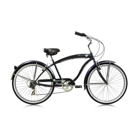 Wonder Wheels 26 In. Beach Cruiser Shimano Tx-35 7 Speed Bicycle, Bike, V-Brake Stainless Steel Spokes One Piece Crank Alloy Matte Black Rims 36 H With Fender - Dark Blue & Black