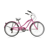 Wonder Wheels 26 In. Beach Cruiser Shimano Tx-35 7 Speed Bicycle, Bike, V-Brake Stainless Steel Spokes One Piece Crank Alloy Pink Rims 36 H With Fender - Pink