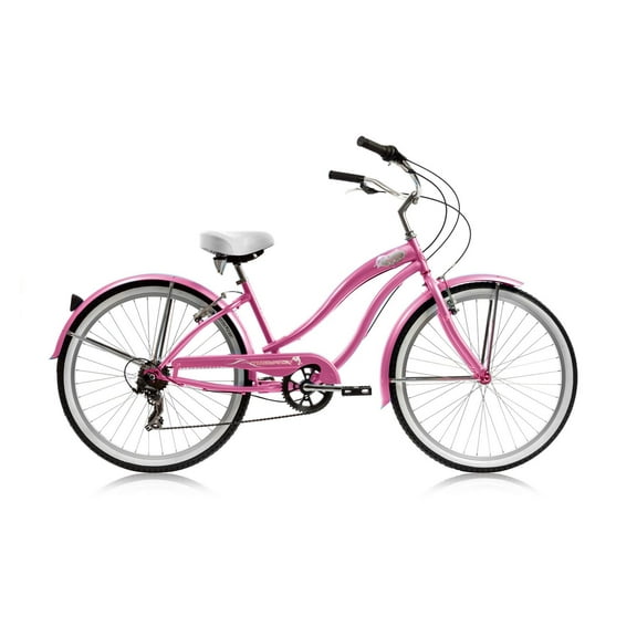 Wonder Wheels 26 In. Beach Cruiser Shimano Tx-35 7 Speed Bicycle, Bike, V-Brake Stainless Steel Spokes One Piece Crank Alloy Pink Rims 36 H With Fender - Pink