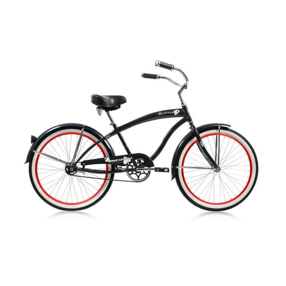 Wonder Wheels Beach Cruiser Coaster Brake Single Speed Bicycle, Bike, Stainless Steel Spokes One Piece Crank Alloy Red Rims 36H White Wall Tire W/ Fender - Black & Red