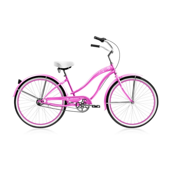 Wonder Wheels Beach Cruiser Shimano Nexus Inter 3 Speed Bicycle, Bike, Coaster Brake Stainless Steel Spokes One Piece Crank Alloy Pink Rims 36H White Wall Tire W/ Fenders - Pink