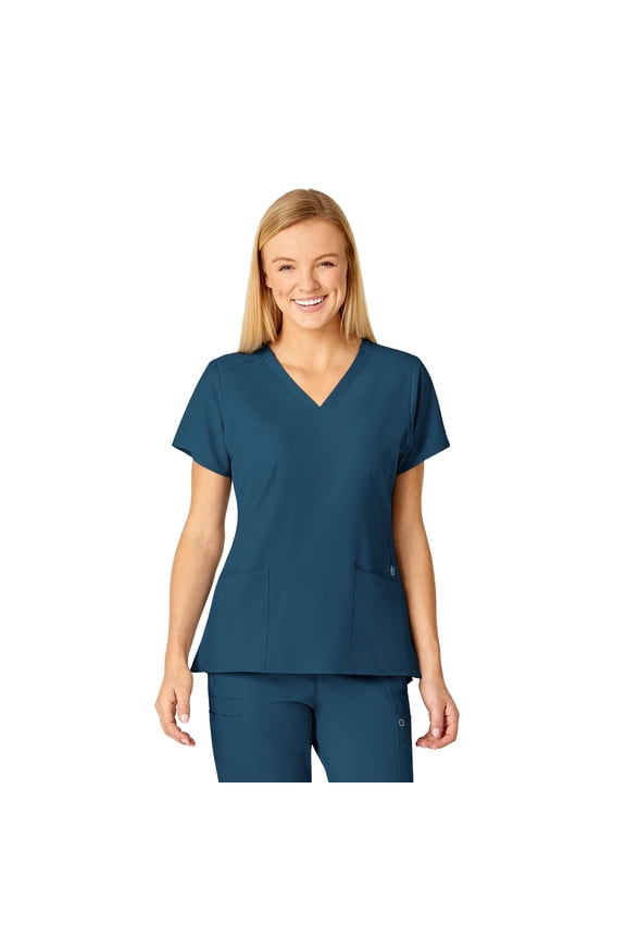 W123 Women's Flex Back Stylized V-Neck Scrub Top, Caribbean Blue, XS Womens
