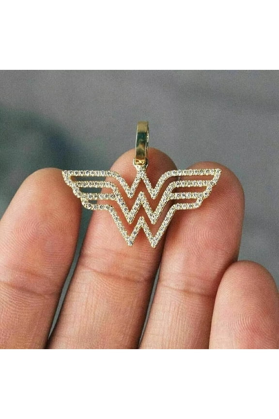 Wonder Woman 2Ct White Cubic Zirconia Symbol Pendant 14k Yellow Gold Plated