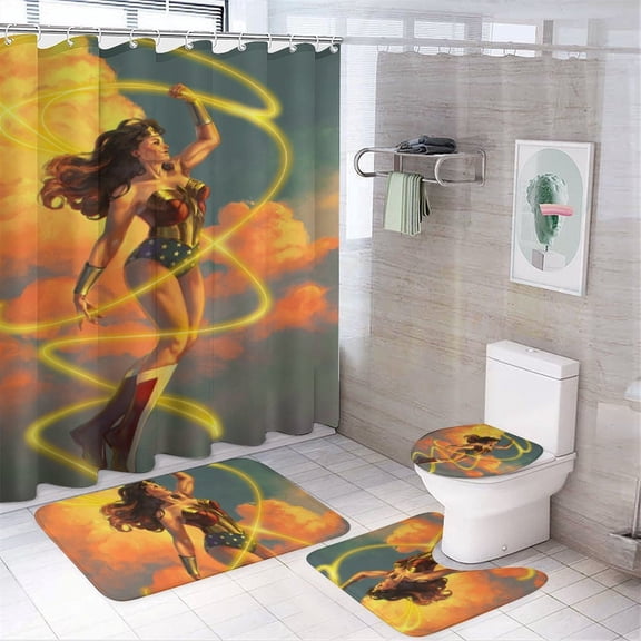 Wonder Woman 4 Piece Shower Curtain Set with Non-Slip Rugs, Toilet Lid Cover and Bath Mat, Funny Bathroom Curtains Decor Set with Rugs and 12 Hooks, 72" x 72"