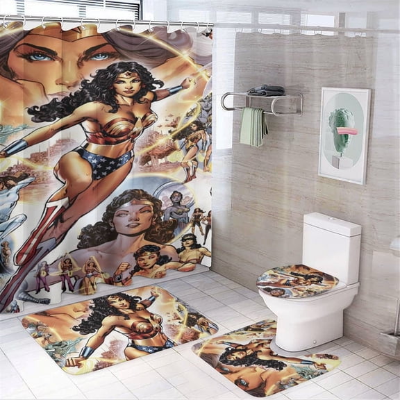 Wonder Woman 4 Piece Shower Curtain Set with Non-Slip Rugs, Toilet Lid Cover and Bath Mat, Funny Bathroom Curtains Decor Set with Rugs and 12 Hooks, 72" x 72"