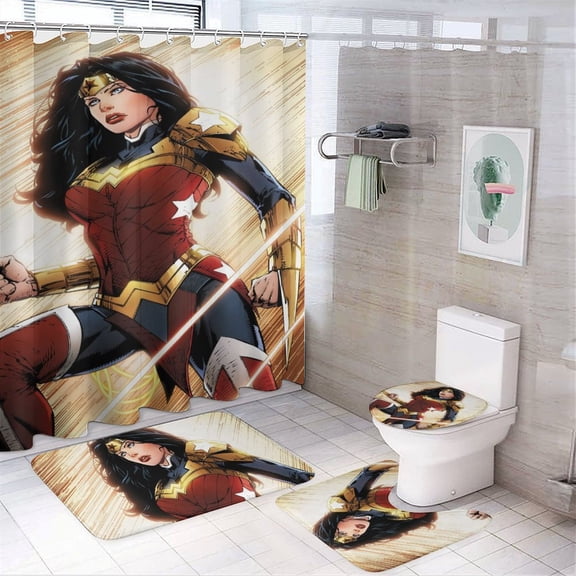 Wonder Woman 4 Piece Shower Curtain Set with Non-Slip Rugs, Toilet Lid Cover and Bath Mat, Funny Bathroom Curtains Decor Set with Rugs and 12 Hooks, 72" x 72"