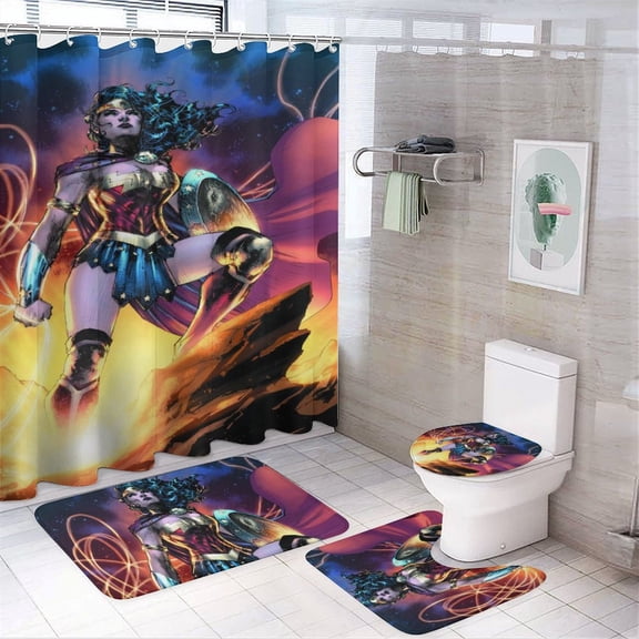 Wonder Woman 4 Piece Shower Curtain Set with Non-Slip Rugs, Toilet Lid Cover and Bath Mat, Funny Bathroom Curtains Decor Set with Rugs and 12 Hooks, 72" x 72"