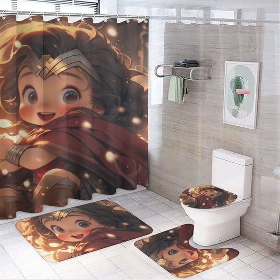 Wonder Woman 4 Piece Shower Curtain Set with Non-Slip Rugs, Toilet Lid Cover and Bath Mat, Funny Bathroom Curtains Decor Set with Rugs and 12 Hooks, 72" x 72"