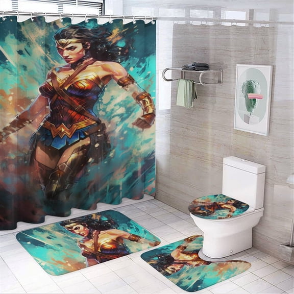 Wonder Woman 4 Piece Shower Curtain Set with Non-Slip Rugs, Toilet Lid Cover and Bath Mat, Funny Bathroom Curtains Decor Set with Rugs and 12 Hooks, 72" x 72"