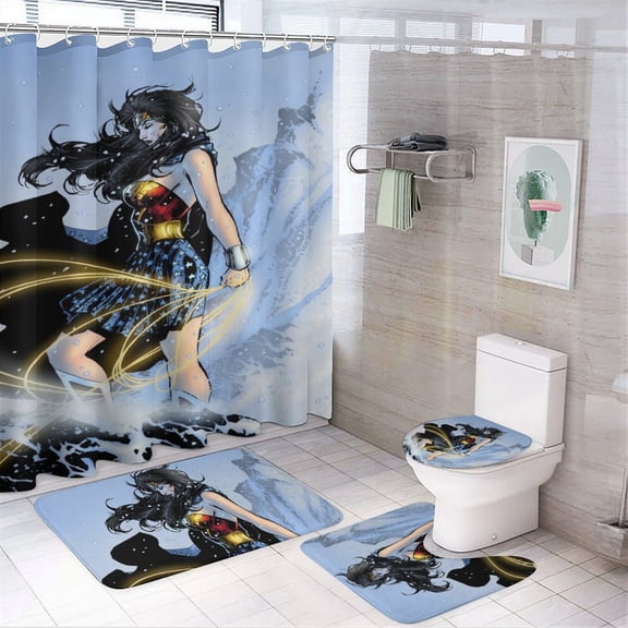 Wonder Woman 4 Piece Shower Curtain Set with Non-Slip Rugs, Toilet Lid Cover and Bath Mat, Funny Bathroom Curtains Decor Set with Rugs and 12 Hooks, 72" x 72"