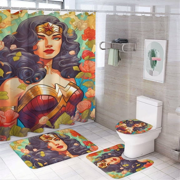 Wonder Woman 4 Piece Shower Curtain Set with Non-Slip Rugs, Toilet Lid Cover and Bath Mat, Funny Bathroom Curtains Decor Set with Rugs and 12 Hooks, 72" x 72"