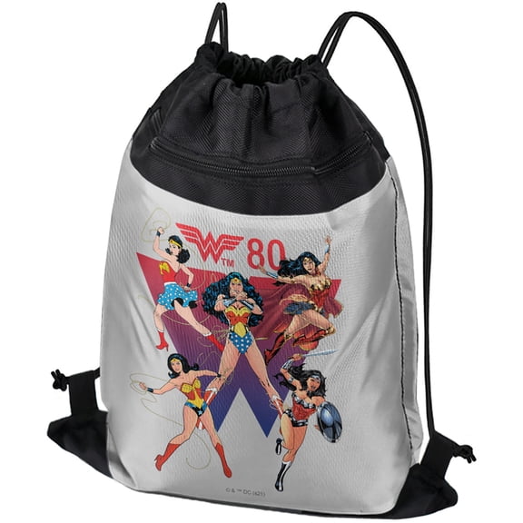Wonder Woman 80Th Through The Ages Drawstring Backpack Sports Bag Sackpack 17" x 13", Perfect for Gym, Yoga or Practice