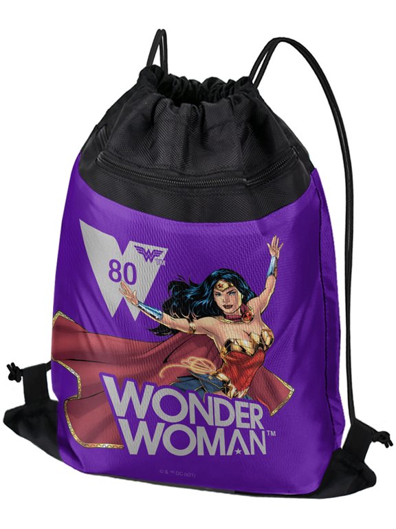 Wonder Woman 80Th Warrior Purple Drawstring Backpack Sports Bag Sackpack 17" x 13", Perfect for Gym, Yoga or Practice