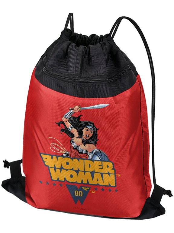 Wonder Woman 80Th Warrior Red Drawstring Backpack Sports Bag Sackpack 17" x 13", Perfect for Gym, Yoga or Practice