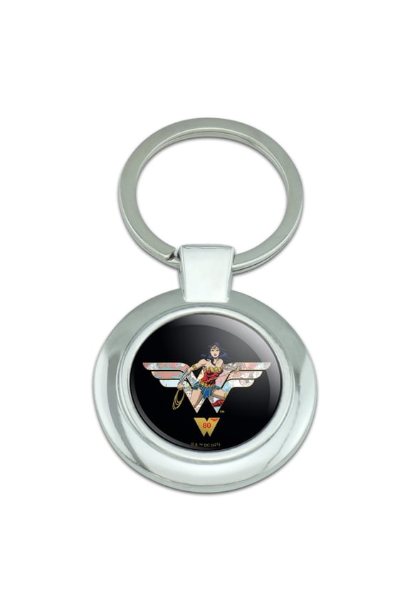 Wonder Woman 80th Collage Logo Keychain Classy Round Chrome Plated Metal