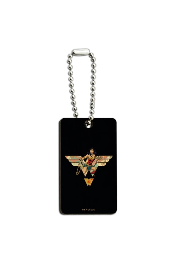 Wonder Woman 80th Collage Logo Wood Wooden Rectangle Keychain Key Ring