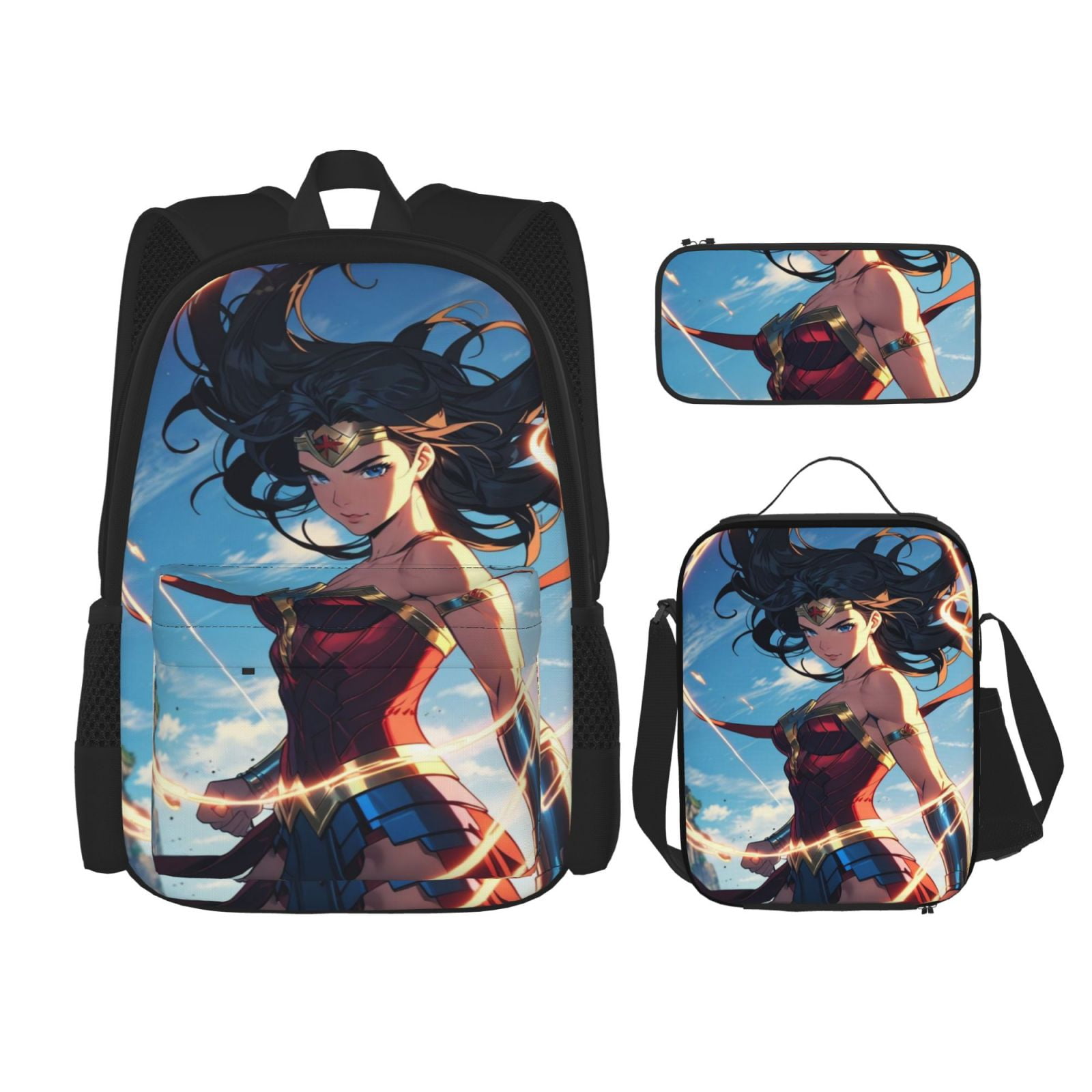 Wonder Woman Backpack Combination 3-piece Sports Backpack with Lunch Box, Pencil Case, Large Capacity 3 in 1 Set Suitable for Unisex