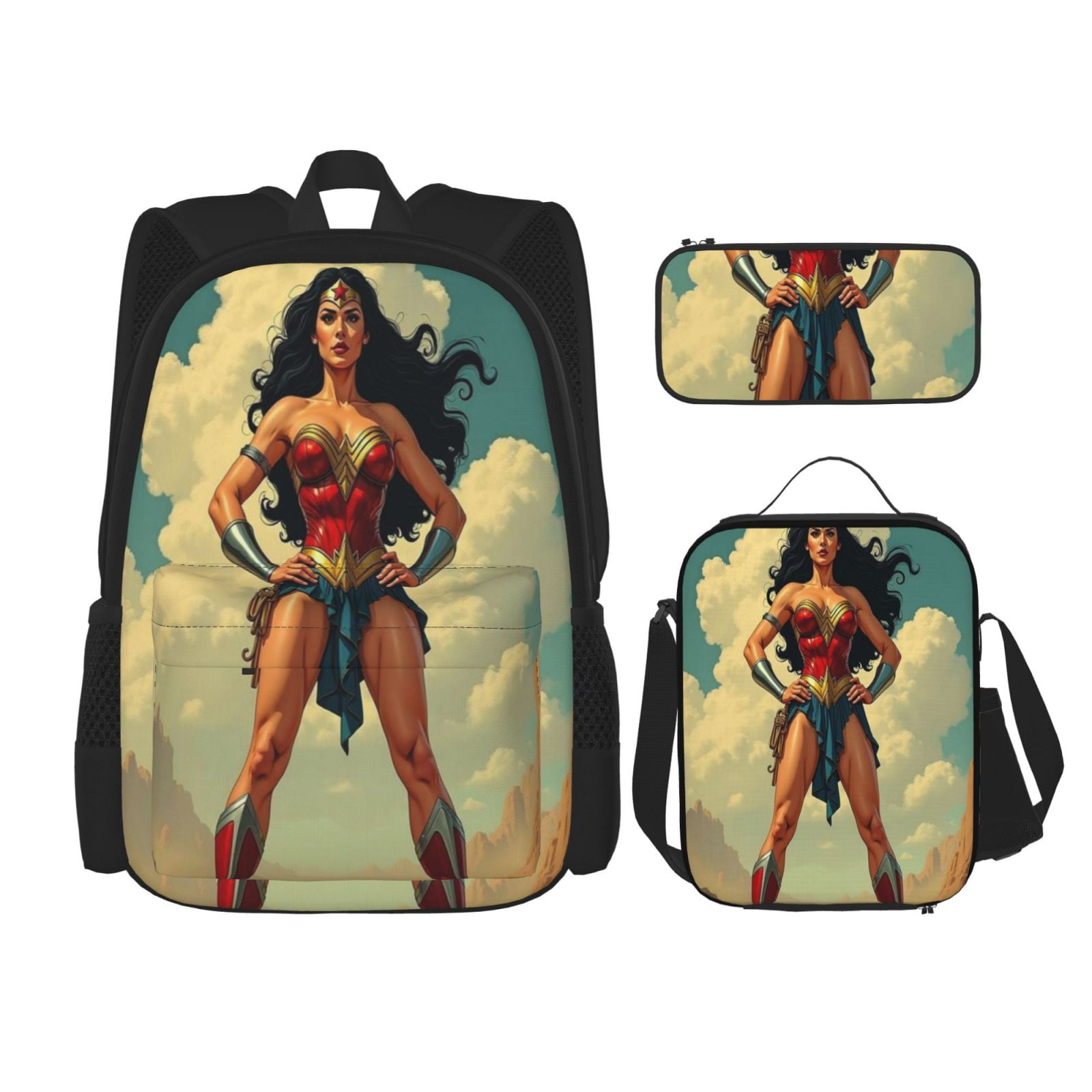 Wonder Woman Backpack Combination 3-piece Sports Backpack with Lunch Box, Pencil Case, Large Capacity 3 in 1 Set Suitable for Unisex