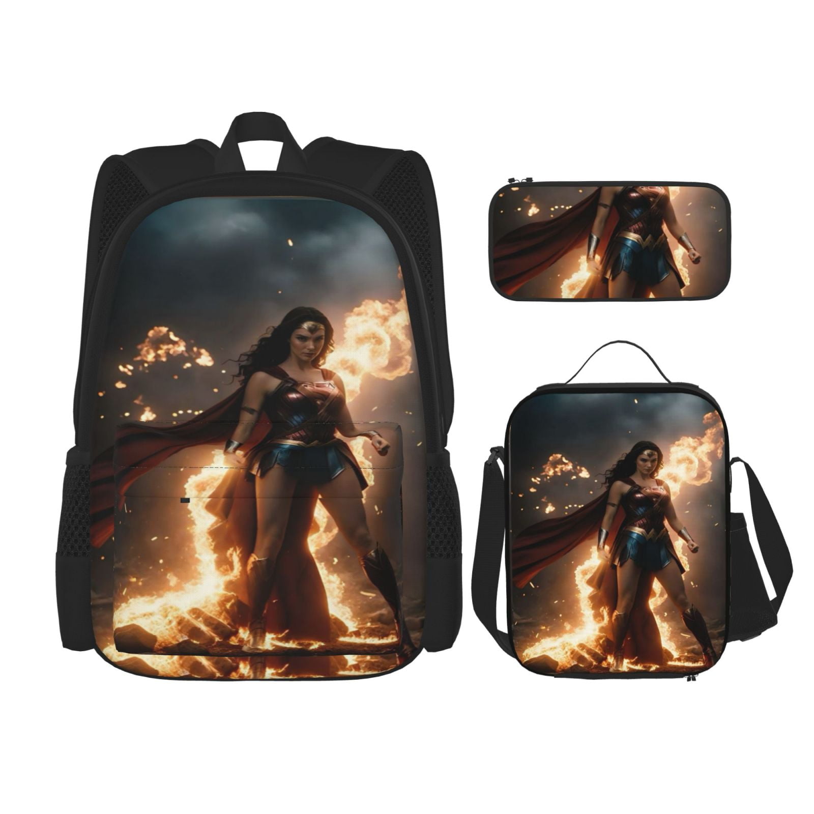 Wonder Woman Backpack Combination 3-piece Sports Backpack with Lunch Box, Pencil Case, Large Capacity 3 in 1 Set Suitable for Unisex