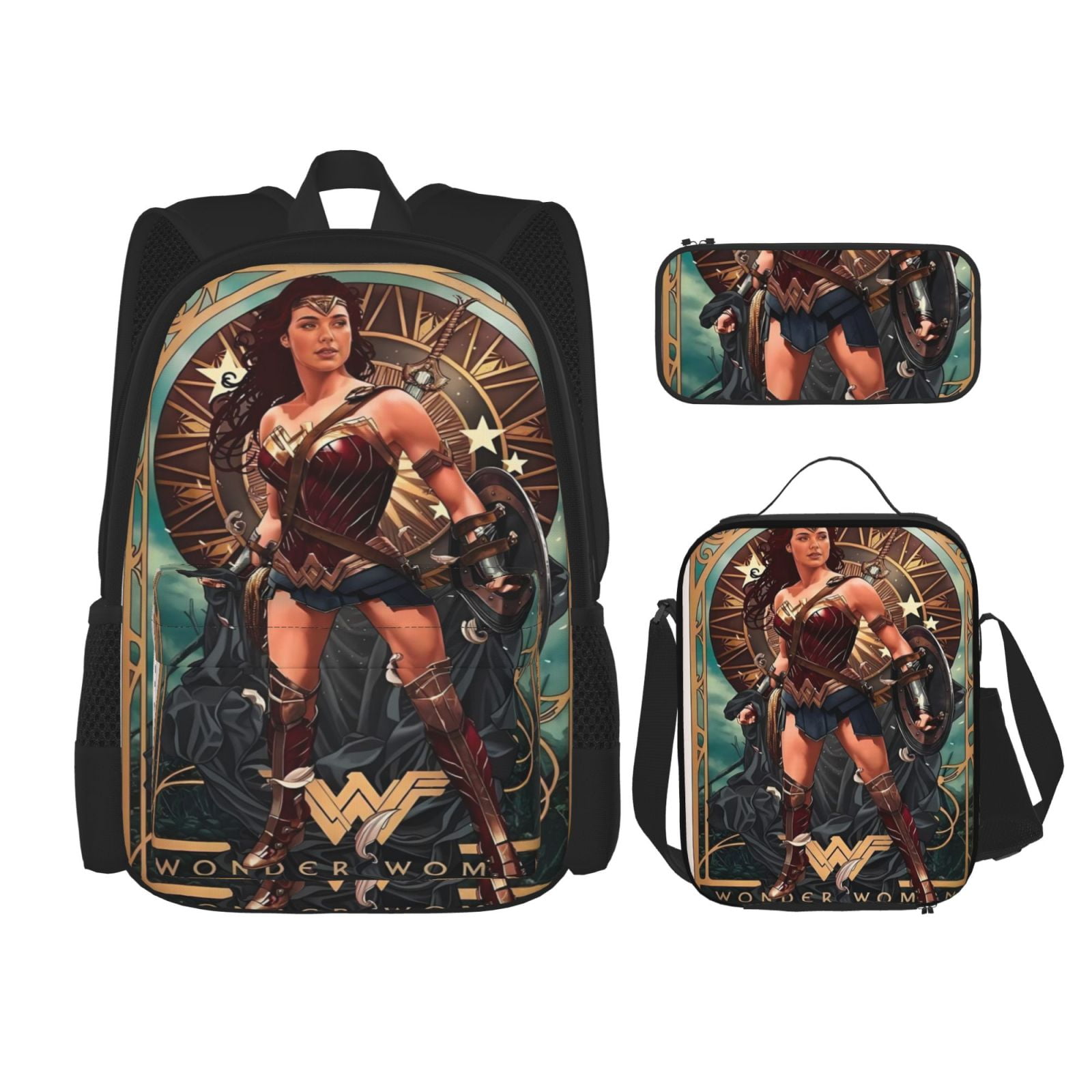 Wonder Woman Backpack Combination 3-piece Sports Backpack with Lunch Box, Pencil Case, Large Capacity 3 in 1 Set Suitable for Unisex