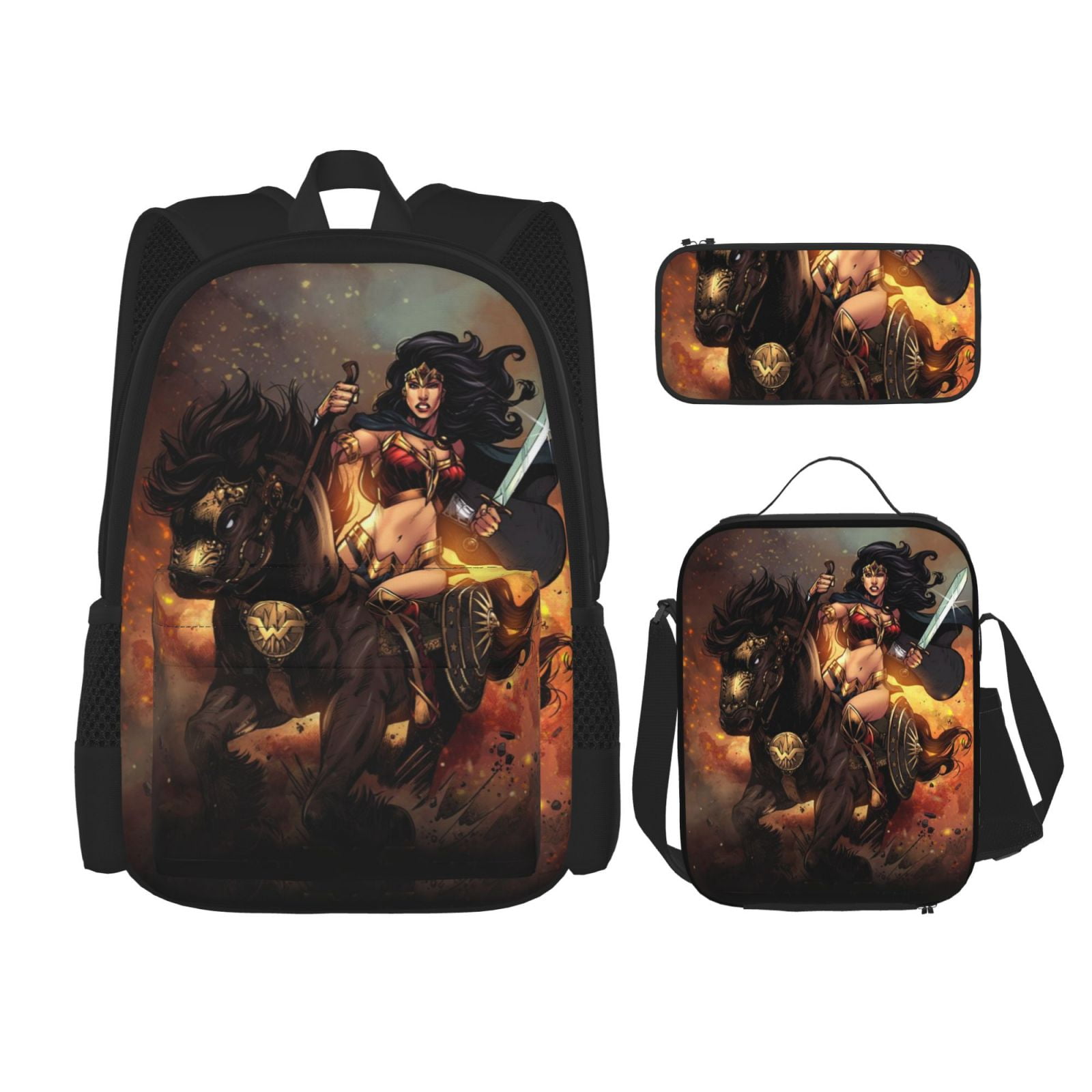 Wonder Woman Backpack Combination 3-piece Sports Backpack with Lunch Box, Pencil Case, Large Capacity 3 in 1 Set Suitable for Unisex