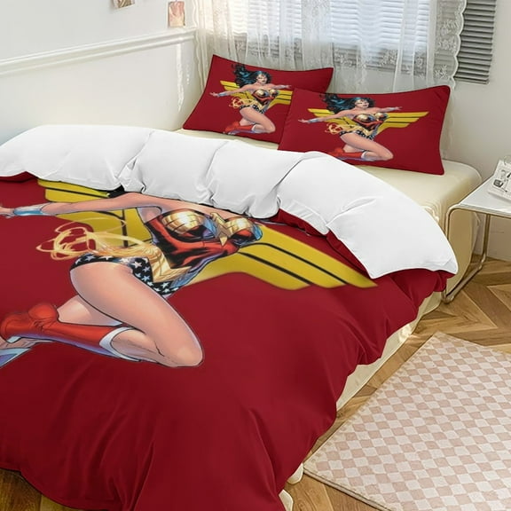 Wonder Woman Bedding Set Novelty Pattern Soft Microfiber Comforter Set 3 Pieces 1 Duvet Cover 2 Pillow Shams Full-79"x90"