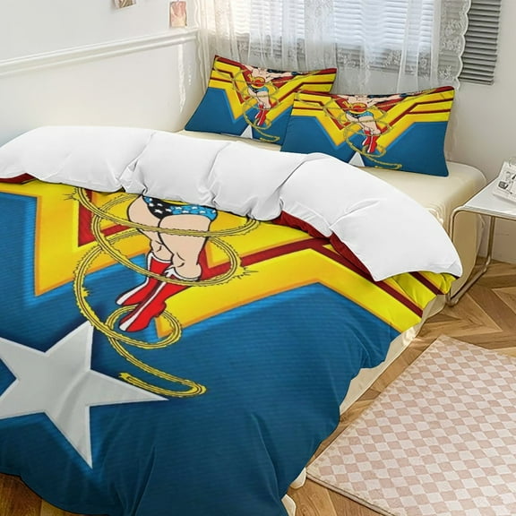 Wonder Woman Bedding Set Novelty Pattern Soft Microfiber Comforter Set 3 Pieces 1 Duvet Cover 2 Pillow Shams Full-79"x90"