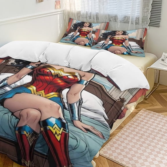 Wonder Woman Bedding Set Novelty Pattern Soft Microfiber Comforter Set 3 Pieces 1 Duvet Cover 2 Pillow Shams Queen-90"x90"