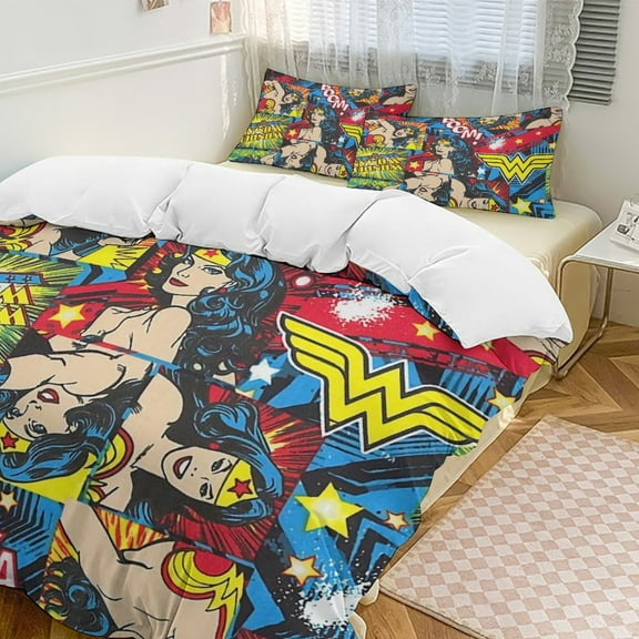 Wonder Woman Bedding Set Novelty Pattern Soft Microfiber Comforter Set 3 Pieces 1 Duvet Cover 2 Pillow Shams Twin-86"x70"