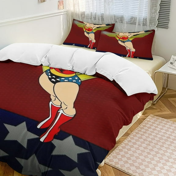 Wonder Woman Bedding Set Novelty Pattern Soft Microfiber Comforter Set 3 Pieces 1 Duvet Cover 2 Pillow Shams Twin-86"x70"