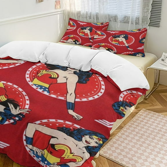 Wonder Woman Bedding Set Novelty Pattern Soft Microfiber Comforter Set 3 Pieces 1 Duvet Cover 2 Pillow Shams Twin-86"x70"