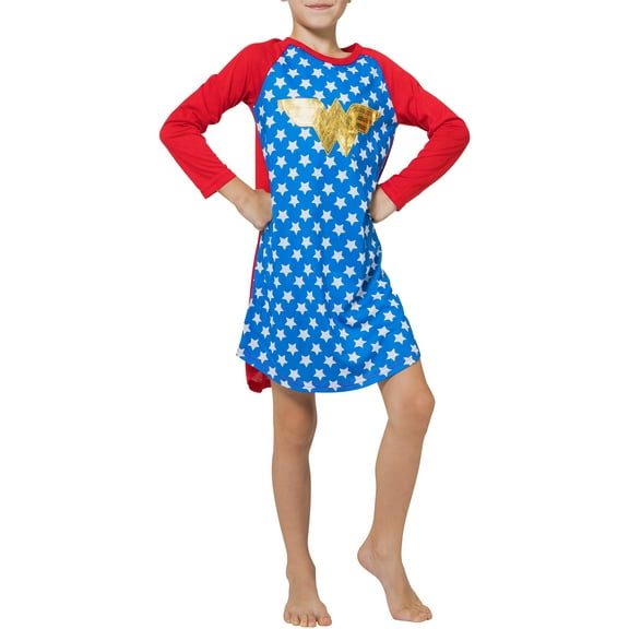 DC Comics Wonder Woman Girls' Gold Foil Print Long-Sleeve Raglan Nightgown Sleepwear Loungewear