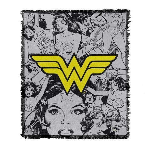 Wonder Woman Blanket, 50'x60' Comic Collage Shield Woven Tapestry Cotton Blend Fringed Throw