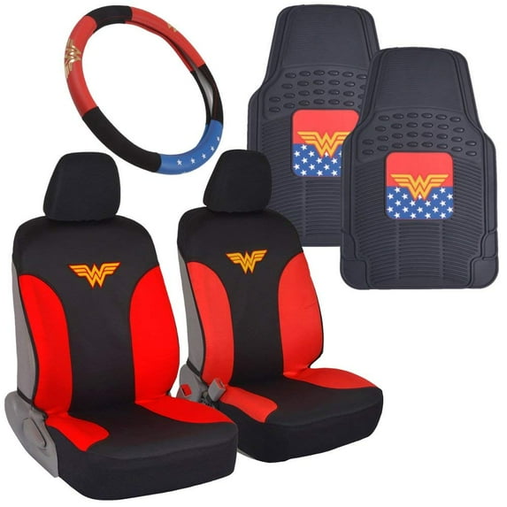 Wonder Woman Car Accessories Pack - Seat Cover, Rubber Floor Mats & Steering Wheel Cover for Car SUV Van Truck