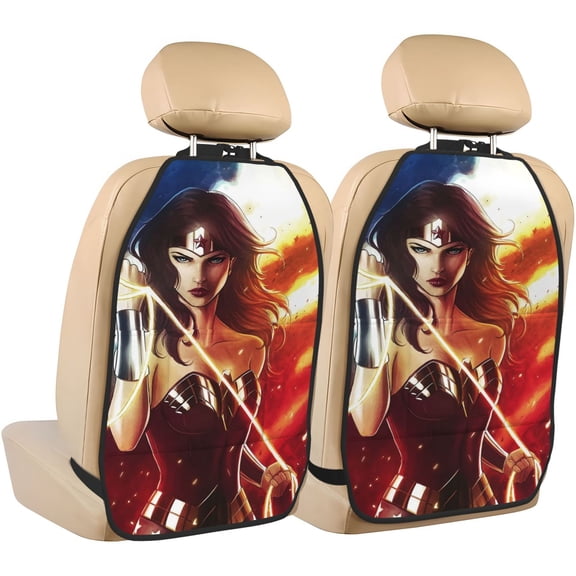 Wonder Woman Car Back Seat Organizer 2 Pack Anti-Kick Storage Mats with Storage Pockets, Universal Vehicle Seat Kick Protectors from Footprints, Scratches 18.5x26.4 Inches