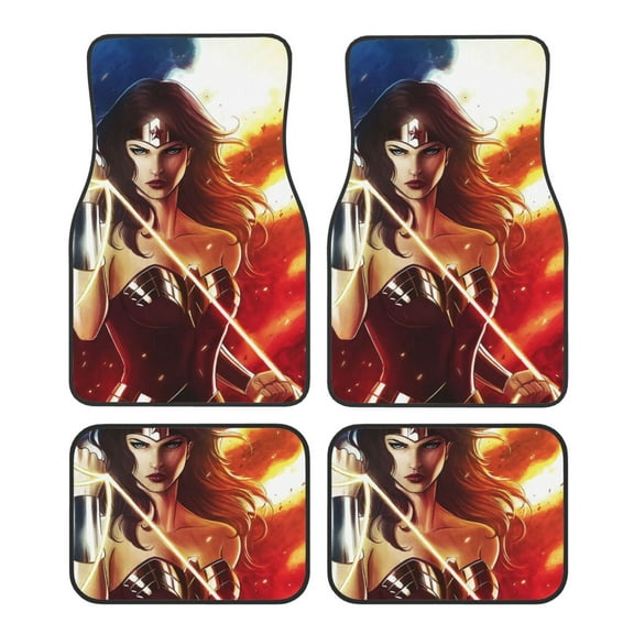 Wonder Woman Car Floor Mats Set of 4, Anti-Skid Universal Automotive Carpet Front Rear Floor Foot Pads Interior Accessories Decorative for Vehicle Car Truck SUV Van