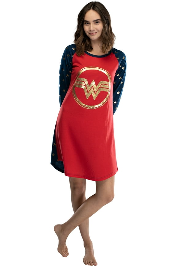 DC Comics Wonder Woman Gold Foil Circle Logo Women's Long Sleeve Raglan Nightgown Sleepwear Loungewear